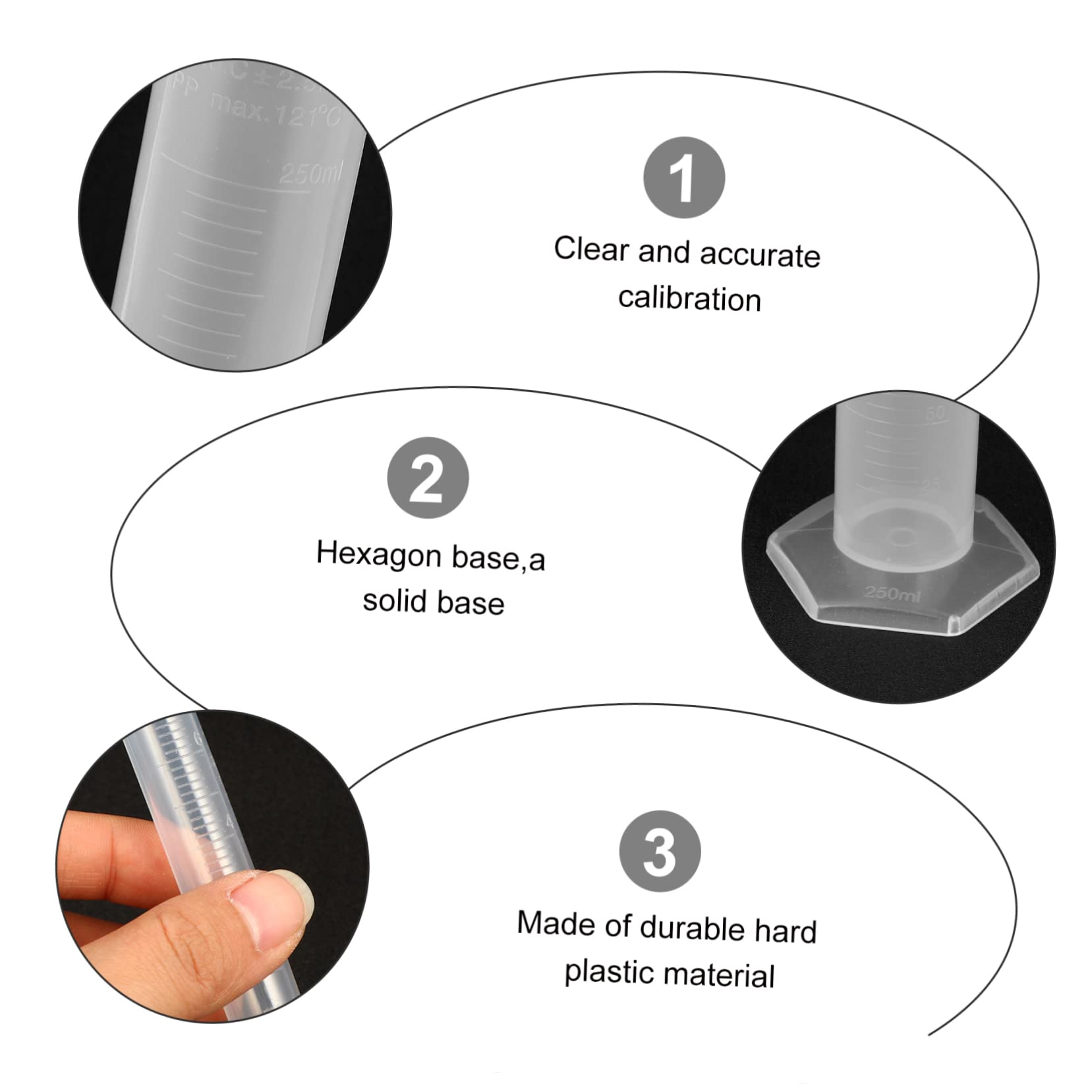 SOLUSTRE Probeta Plástico Graduada 10ml 50ml 100ml 250ml Cilindro Medidor Transparente Set 4 Piezas