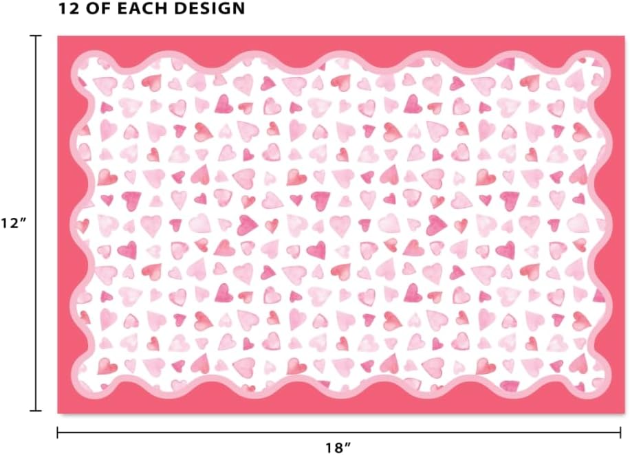 Paper Placemats 12x18 inch Disposable 24 Pack, Pink Hearts & Stripes Designs, Tear-Off Pad for Girls Birthday, Baby Shower, Cute Table Decor for Parties, Kids Activities, Hosting Supplies