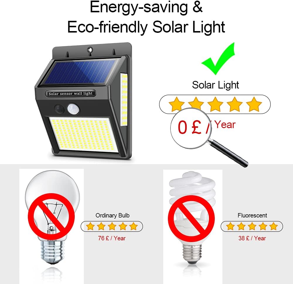 Lumières solaires extérieures 100 LED Appliques murales de sécurité avec capteur de mouvement Lumières de sécurité imperméables 300 ° Super Bright pour porte d'entrée,garage,cour,clôture (paquet de 1) — vue 6