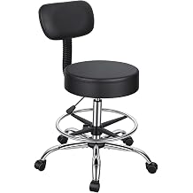 Drafting Stool with Backrest, Height Adjustable Office Desk Chair, Faux Leather Swivel Round Rolling Stool with Adjustable Foot Rest for Office Spa Studio Lab Counter Salon Black