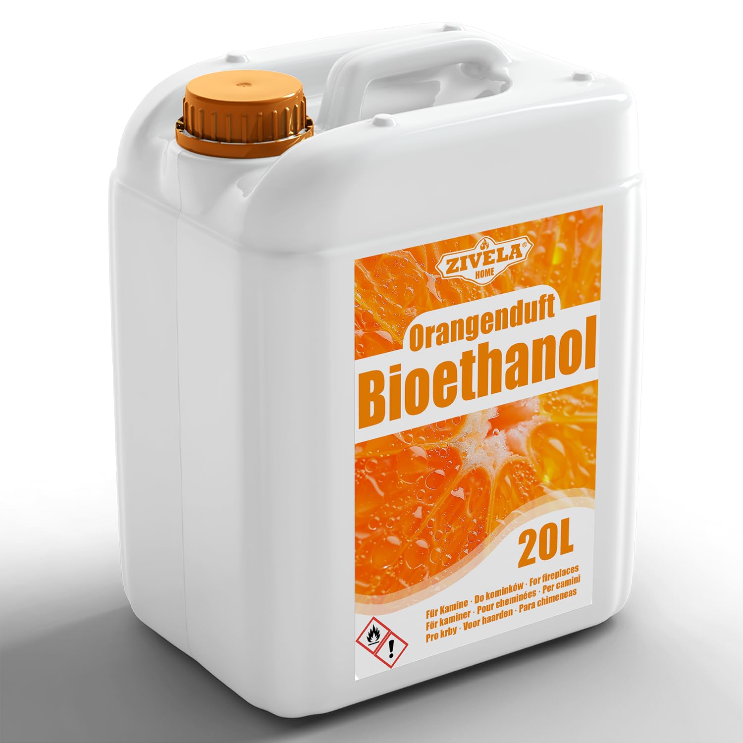 Bioetanolo 96,6% 20 l, profumo di arancio biologico 96,6% 20 l, bioetanolo per camino, caminetto, camino a bioetanolo, profumo di arancia, combustione pulita, senza fumo, fiamma vivida e stabile
