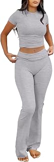 ANRABESS 2 Piece Lounge sets for Women | Crop Top & Foldover Flare Leggings, Yoga Workout Matching Sets, Comfy Stretchy, Trendy Y2k Clothes, Summer Wear Fall Layer