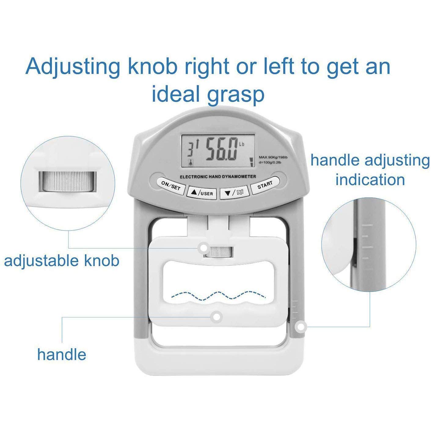 KEEDA Dinamómetro digital de mano, Máx. 90 kg / 198 lb Medidor electrónico de medición de la fuerza de agarre Auto captura de potencia de agarre (Gris)