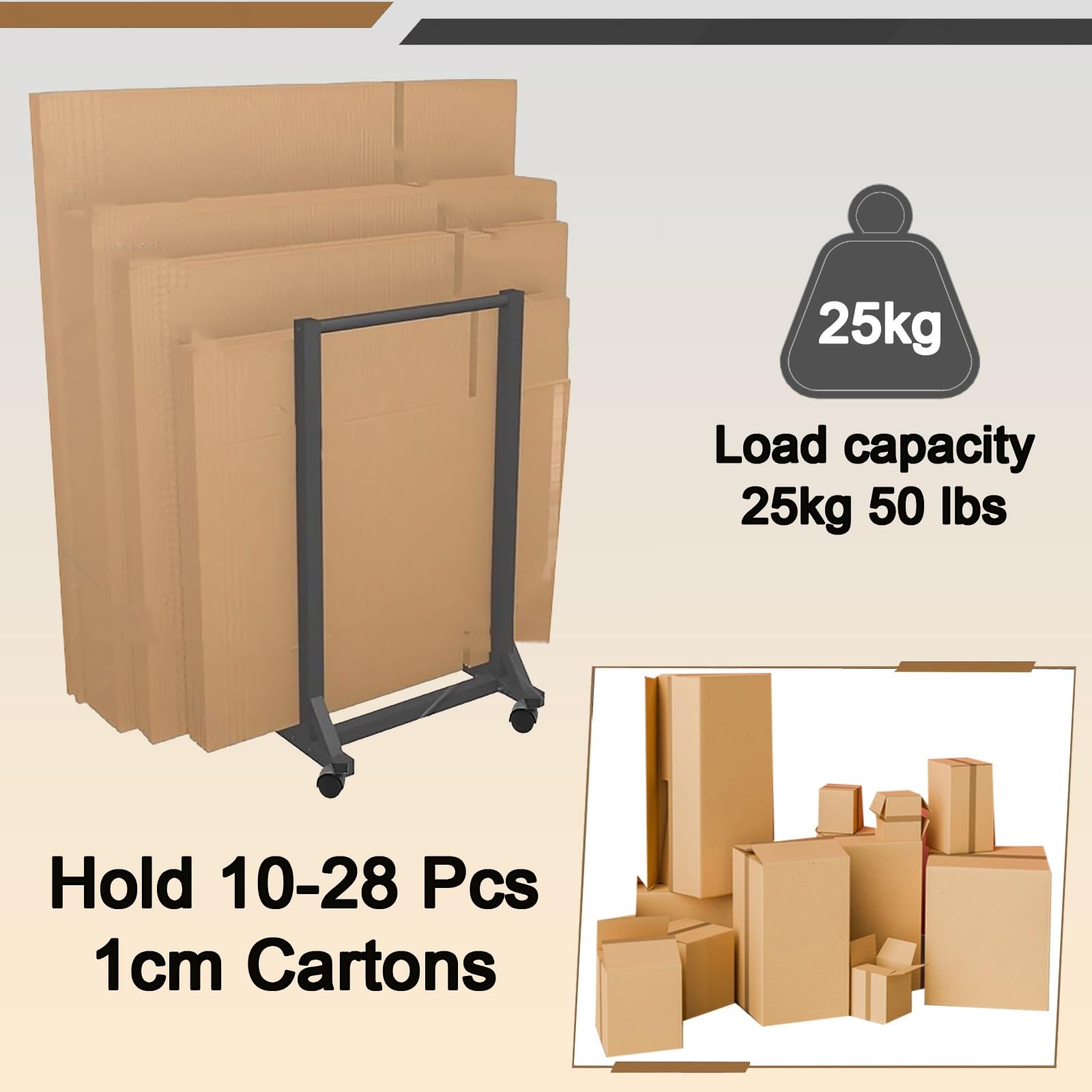 Tragbares Cartonrage-Rack mit Lenkrollen, Karton für Lager und Umzug, robuster schwarzer Eisen-Präsentationsständer (35 x 50 x 90 cm, für 10–28 Boxen)