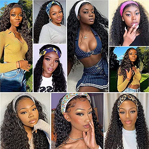 Image of Punmasa Deep Wave Headband Wig Human Hair 18 Inches Glueless None Lace Front Wigs Machine Made 150% Density Half Wigs Natural Color Human Hair wigs for Women