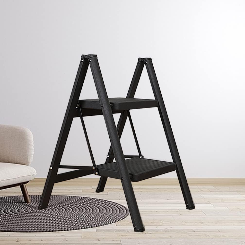 Black Lightweight Step Ladder 2 Step Folding Stool Heavy Duty Stepladder with Wide Anti-Slip Pedal Home Kitchen Plant Stand Ladders Shelf Bookcase Storage Rack
