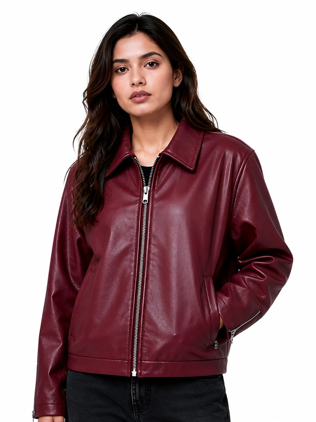 Women's Faux Leather Jacket | Biker Motorcycle Jacket with Zip Front Closure, Classic Shirt Collar | Regular Fit Casual Winter Outerwear | Women's Fashionable Lightweight Leather-picture-28