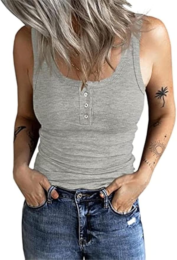 Fessceruna Damen Tops Sexy U-Ausschnitt Tank top Ärmellos Sommer Oberteile Gerippt Camisole mit Knöpfen