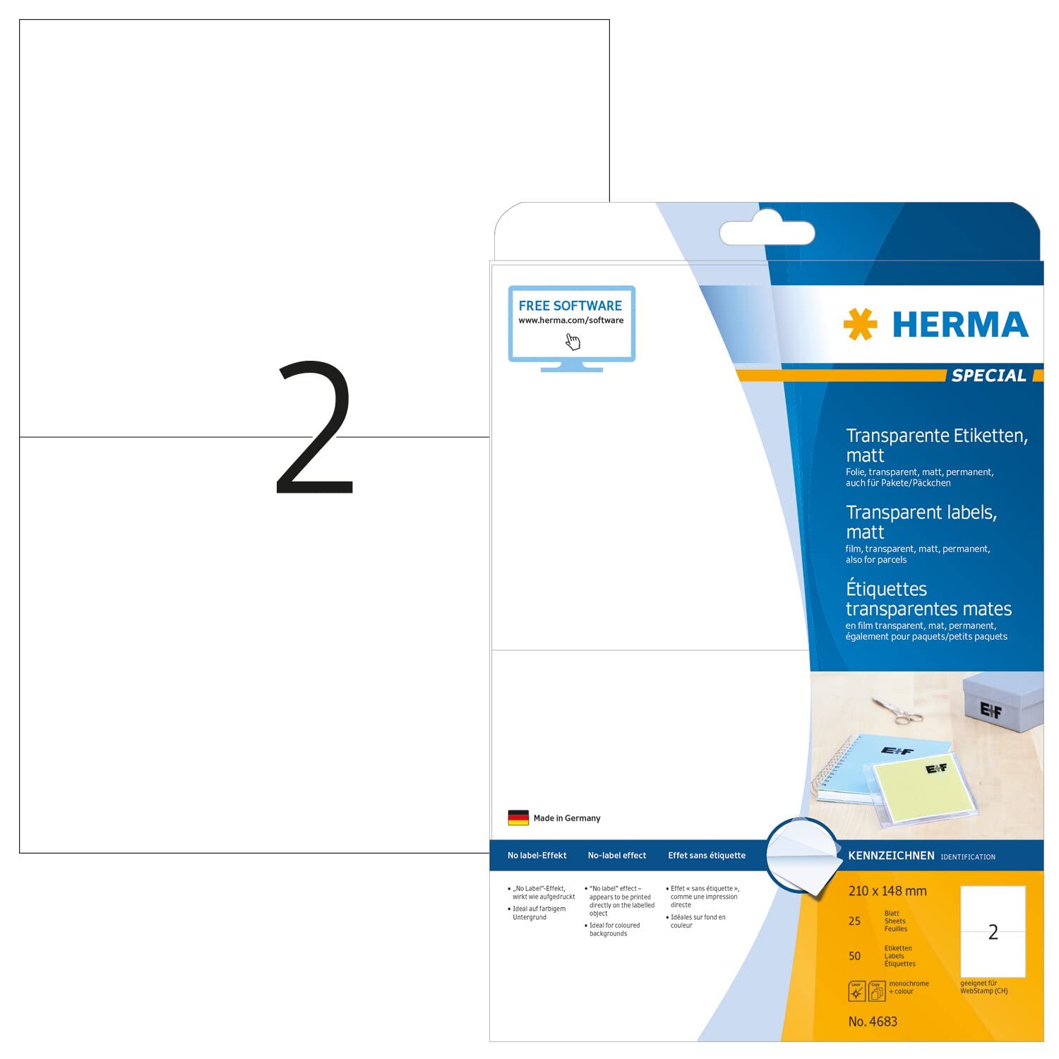 HERMA Self Adhesive Clear Heavy Duty Weatherproof Labels, 2 Labels Per A4 Sheet, 50 Labels For Laser Printers, 210 x 148 mm (4683)