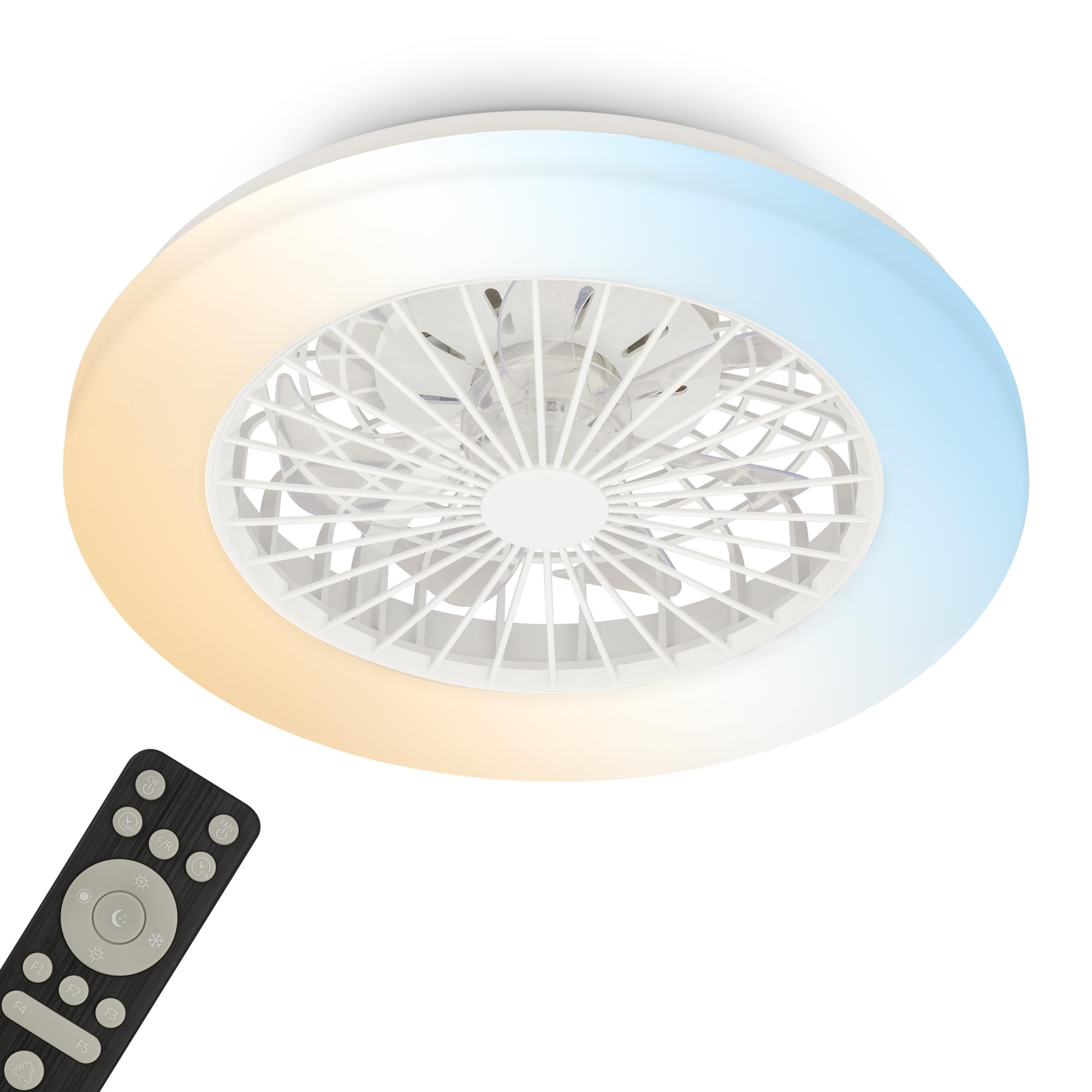 BRILONER - CCT Deckenventilator mit Beleuchtung 5 Geschwindigkeiten, Fernbedienung, Dimmbar, Timer, Schlafzimmerlampe, Wohnzimmerlampe, Deckenlampe mit Ventilator, 48,5x14,5 cm (DxH), Weiß