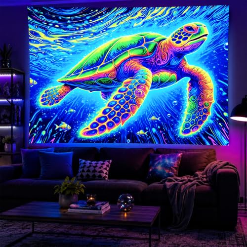 Image of BlissYard Blacklight Tapestry 78x59 Inch Sea Turtle Glow in the Dark Trippy Ocean Wall Art UV Reactive Neon Psychedelic Turtle Tapestry for Bedroom Dorm Party Wall Hanging Decor
