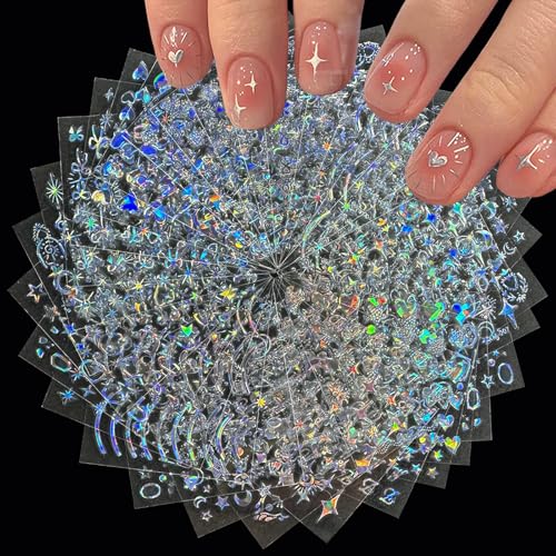 30 Sheets Star Nail Sticker Aurora Nail Art Stickers Holographic Silver Moon Heart Bow Design 3D Self-Adhesive Nail Decals for Women Girls DIY Nail Art Decoration Accessories