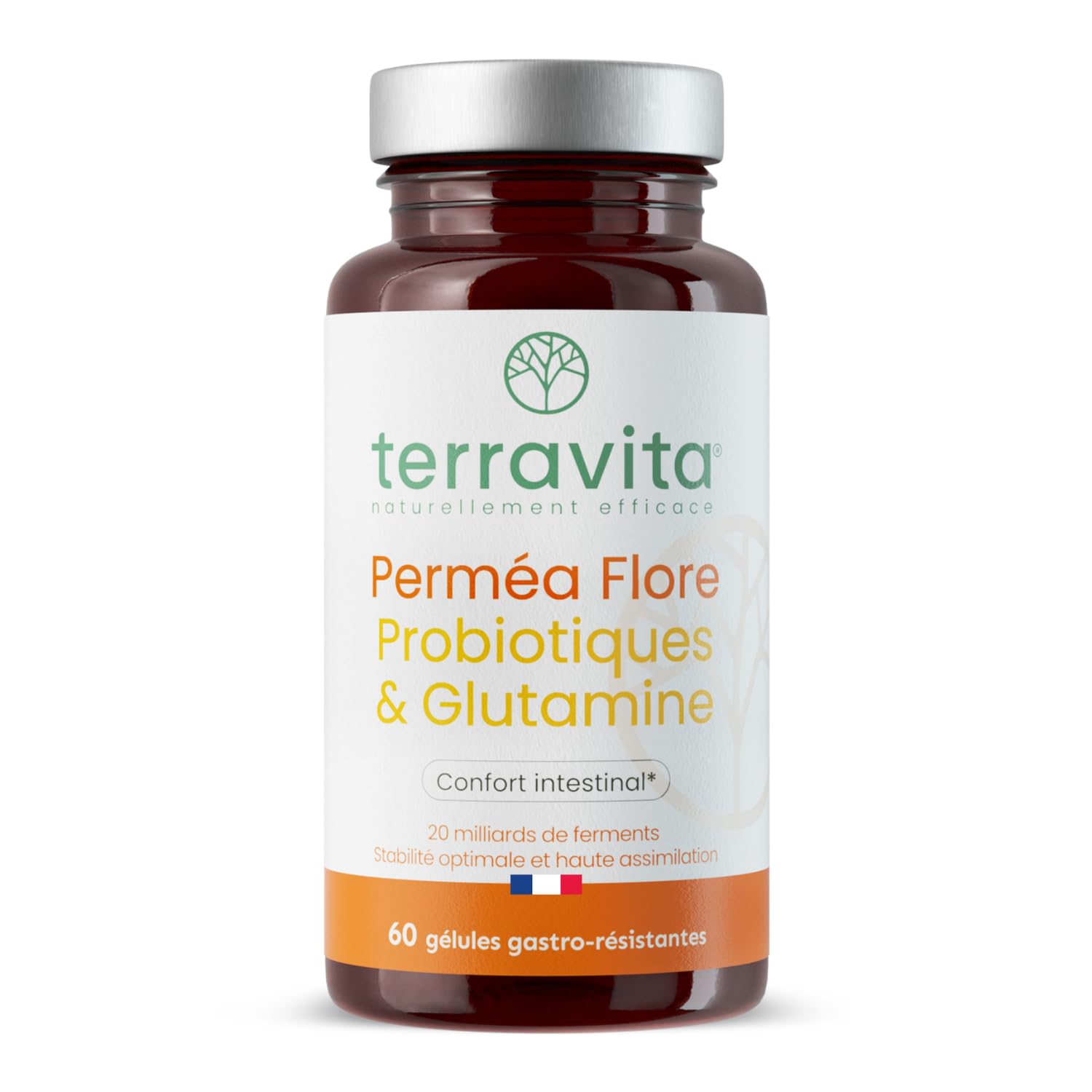 Permea Flore | PROBIOTIQUES + GLUTAMINE | Flore Intestinale et Cicatrisation de la Muqueuse | Idéal Contre la Perméabilité Intestinale | 60 Gélules Gastro-résistantes | Made in France | Terravita