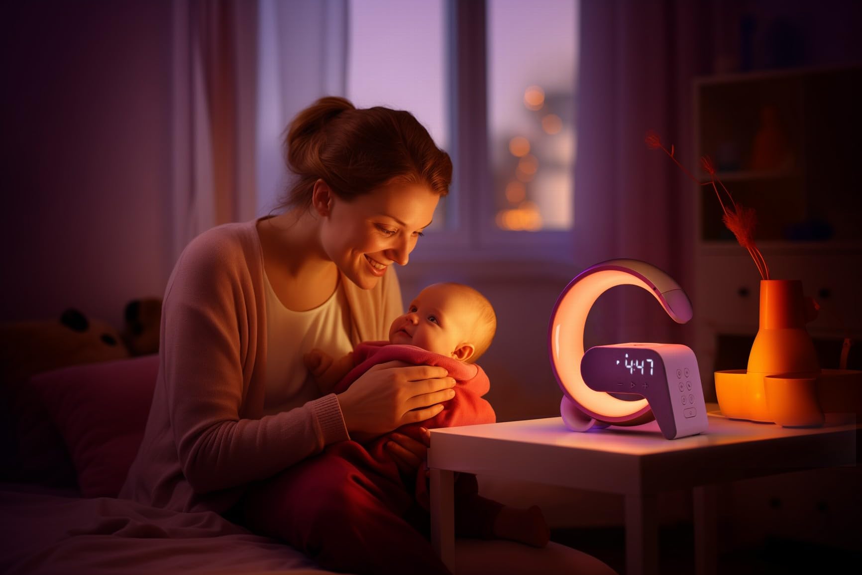 IMMAX Lampa relaksacyjna LED FLAMINGO z ładowaniem QI, budzik, RGB, wyjście USB, srebrna