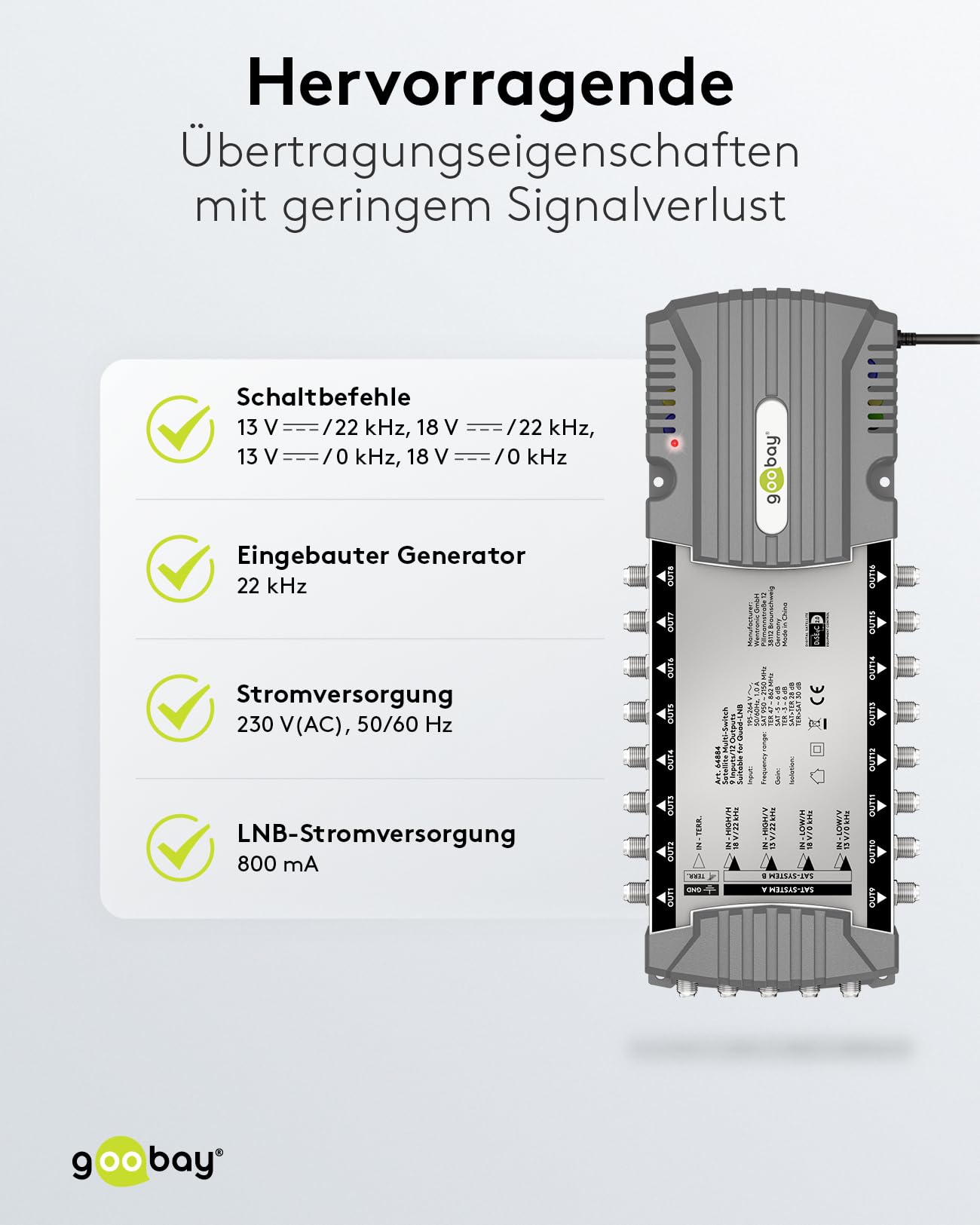 goobay 64884 - Multiconmutador satélite/Multiconmutador Compacto / 9 entradas / 16 Salidas / 4K, 8K UHD/Dab+ / para 16 participantes