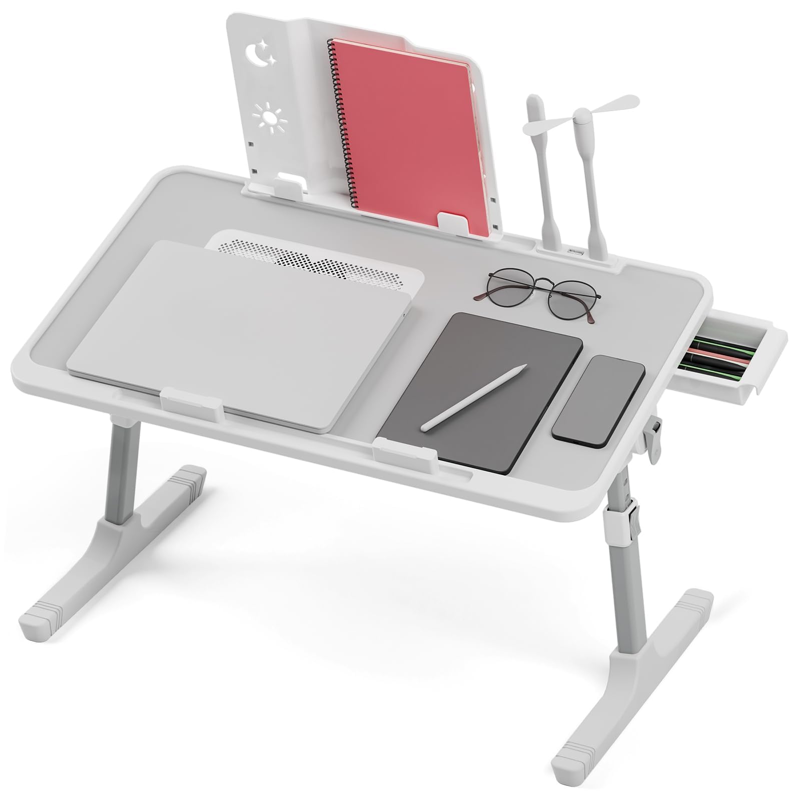 Regulowane biurko na laptopa z miejscem do przechowywania, składana taca na łóżko, stolik ze światłem, wentylatorem, wysokość i kąt, regulowany, do pracy, nauki, posiłków, szare