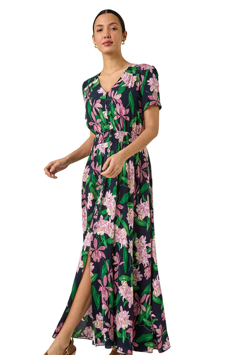 Roman Shirred Empire Waist Dress for Women UK Ladies Midi Maxi Summer Spring Tiered Frill Hem Short Sleeve V Neck Button Through Boho Bohemian Holiday Cruise