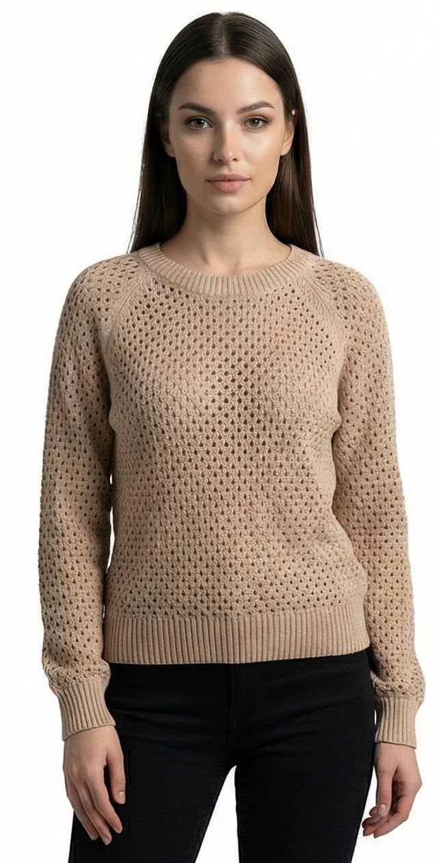 Women's Crochet Knit Sweater, Brown, Long Sleeve Crew Neck Pullover Top-picture-49