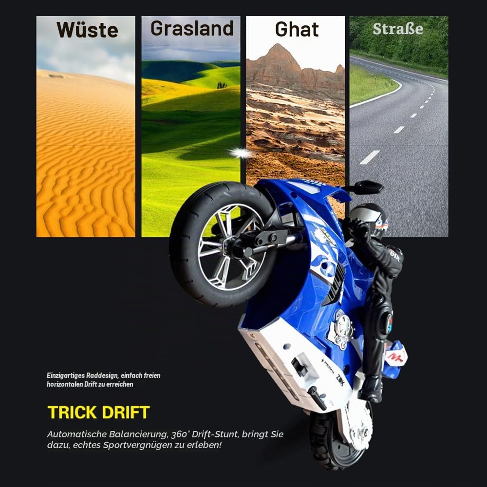 Goolsky Ferngesteuertes Stunt-Motorrad, selbstbalancierendes Stunt-Motorrad, 1/6, 2,4 G, ferngesteuertes Motorrad, das Sich an Ort und Stelle dreht/selbststabilisierende Balance/360°-Drift