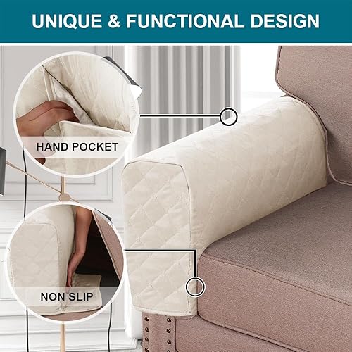 Miniatura 4 de Turquoize Paquete de 2 fundas impermeables para reposabrazos para sillas y sofás, fundas de sofá con bolsillo lateral, protector antideslizante para