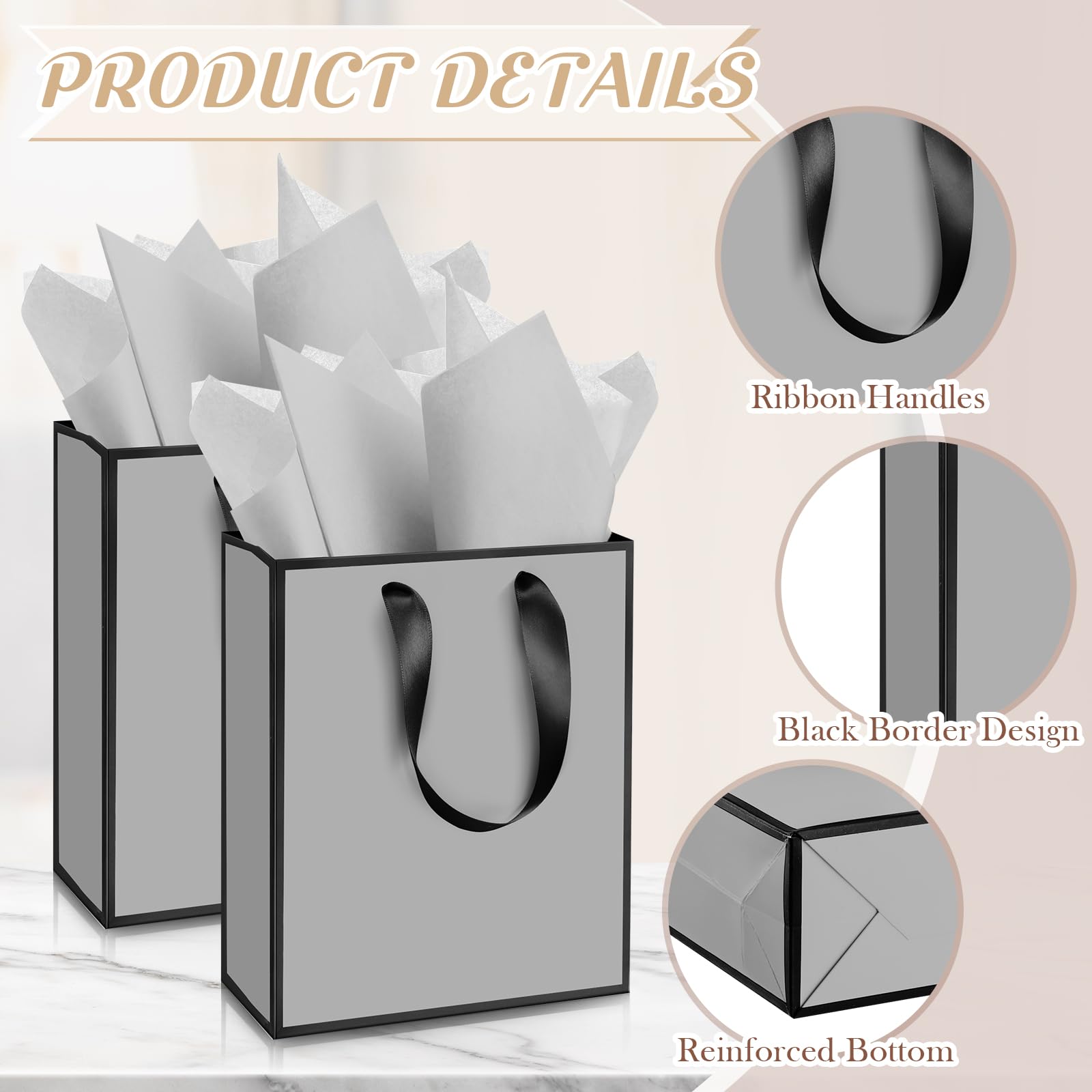 Yeaqee 24 Pack Metallic Paper Gift Bags with Handle and Tissue 9x7x3.1 Gold Foil Welcome Thank You Favor Bags Return Gifts for Wedding Graduation Bridesmaid Groomsmen Birthday(Gray, Black)