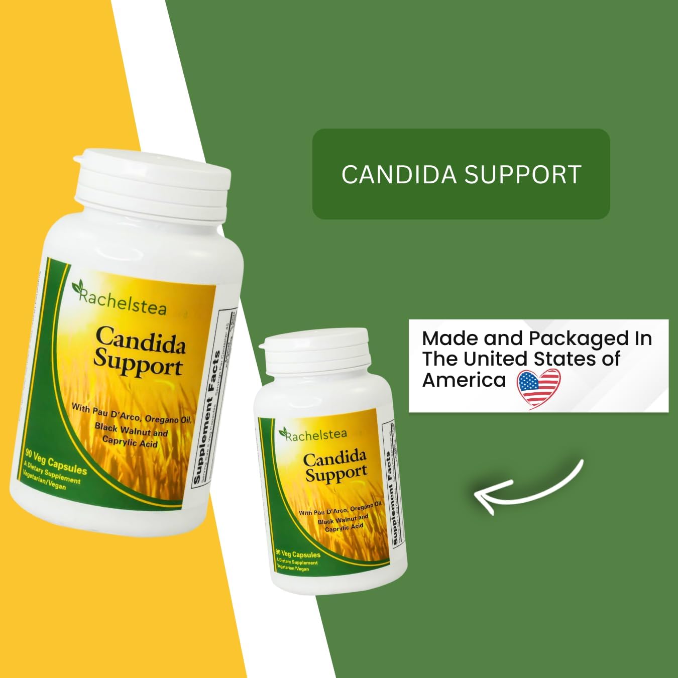 Rachelstea Candida Support, Intestinal Flora, with PAU D'Arco, Oregano Oil, Black Walnut, and Caprylic Acid, 90 Veg Capsules, A Dietary Vegetarian/Vegan Supplement
