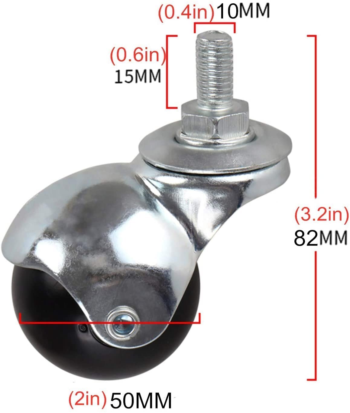 Kółka zamienne, kółka meblowe o średnicy 50 mm (2 cale) z łożyskami kulkowymi, kółka obrotowe z nylonu, kółka sferyczne, do sofy, wózka, stolika kawowego, trzpień z gwintem M10 x 15