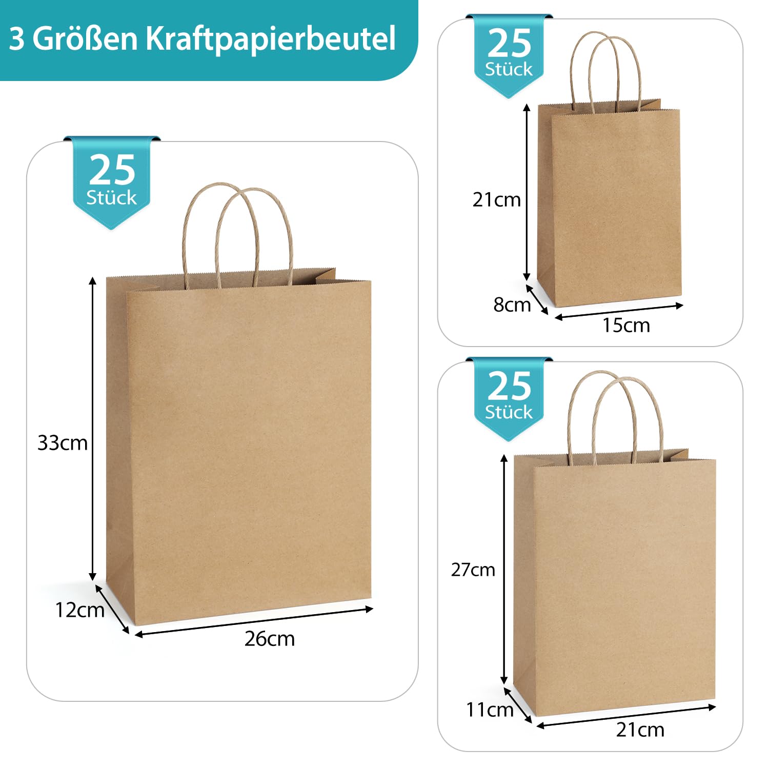 75 szt. brązowych torebek z papieru typu kraft, małe przedsiębiorstwo, różne rozmiary, torebki na prezenty, idealne do biznesu, na imprezę, torby na zakupy, do sprzedaży detalicznej