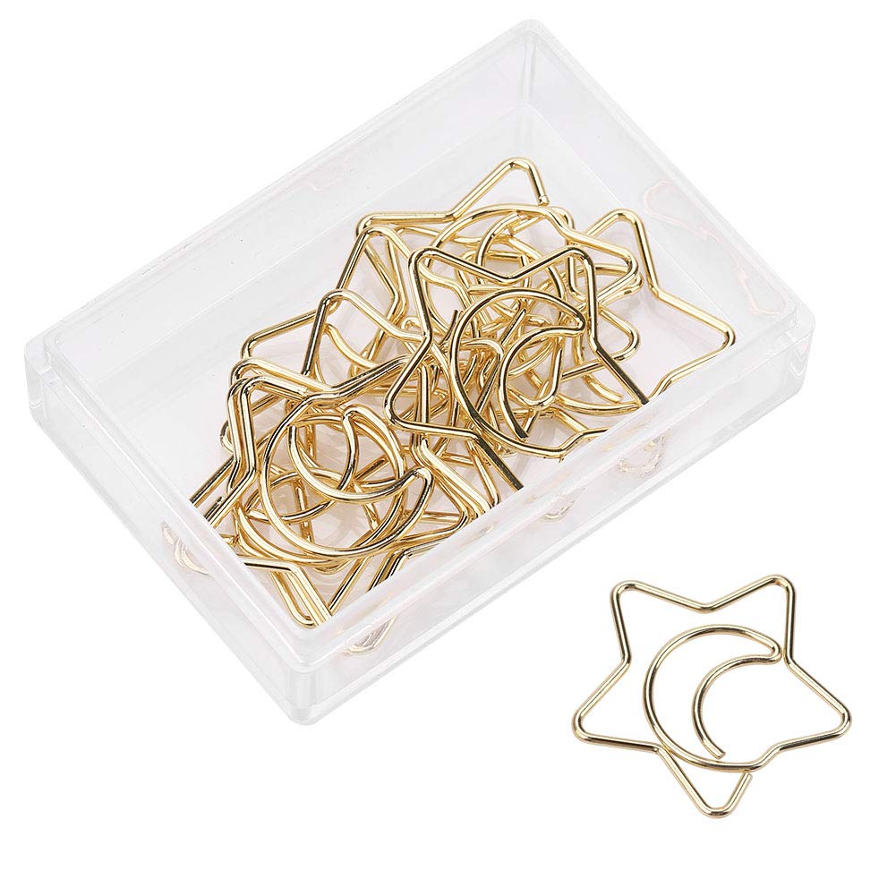 Golden Paper Clips,10Pcs Plastic Coated Electroplating Star Moon Paper Clips Funny Bookmark Marking Clips with Storage Cas for School Document Organizing Professional Work