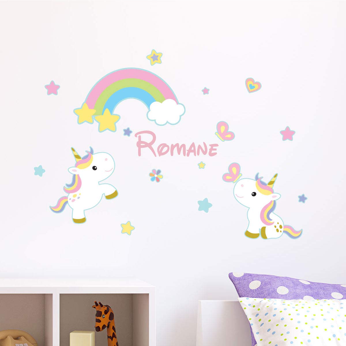 Ambiance Sticker Pegatinas Personalizadas con Nombre Personalizado, diseño de Unicornio – Decoración de Pared para habitación Infantil Bébé, niño y niña – 2 láminas de 25 x 25 cm y 40 x 25 tono