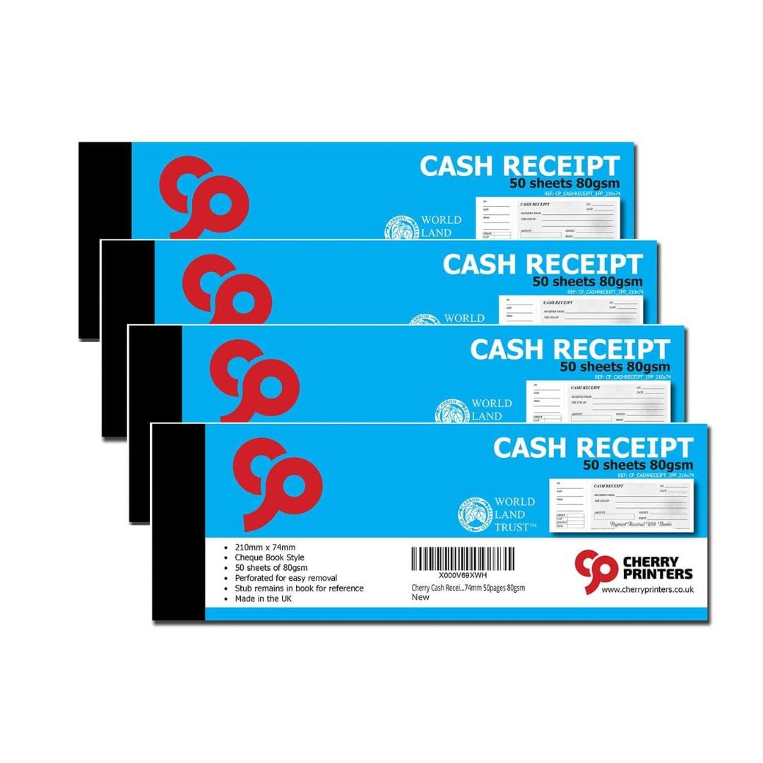 Cherry Printers | Cash Receipt Book - Cheque Book Style with stub 210mm x 74mm | 50pages 80gsm | 4 Pack โ image 1