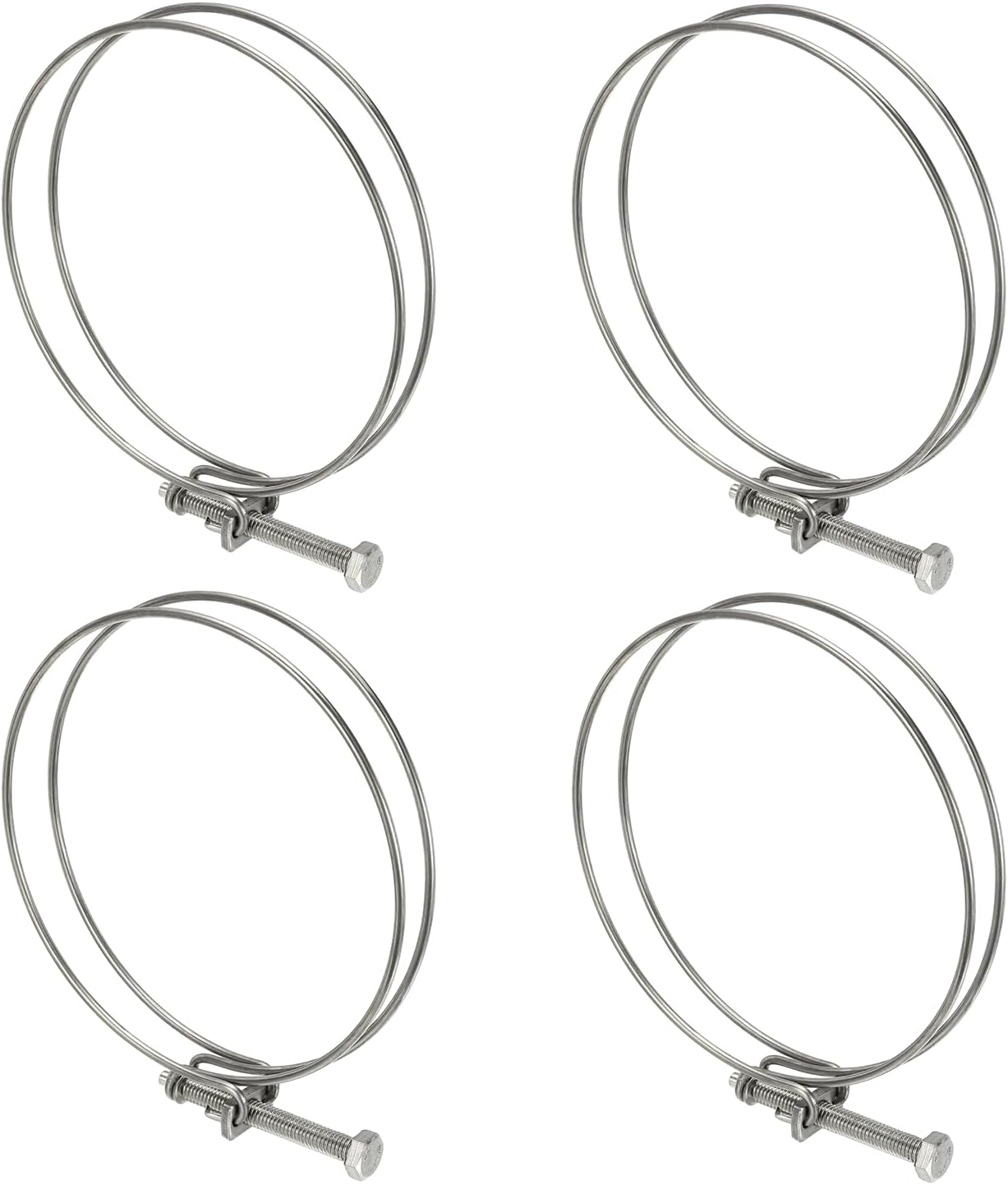 sourcing map 4 Pcs Double Wire Hose Clips 125-135 mm 304 Stainless Steel Adjustable Wire Pipe Tube Clamps with M8 Screw Plumbing Joint Fastener for Dust Collection Pool Pond, Silver