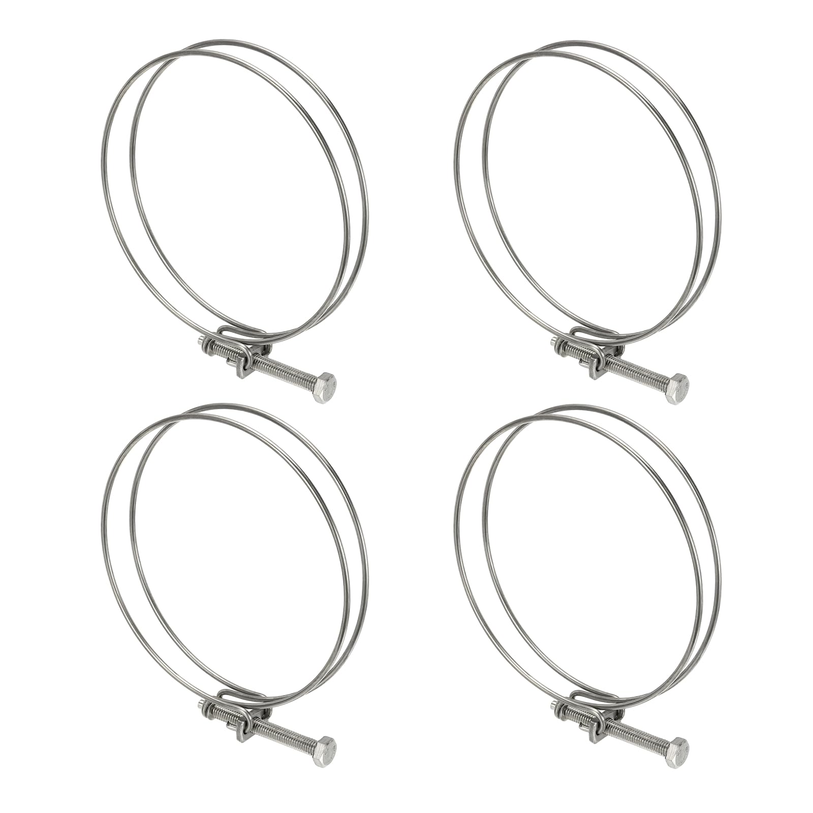 sourcing map 4 Pcs Double Wire Hose Clips 125-135 mm 304 Stainless Steel Adjustable Wire Pipe Tube Clamps with M8 Screw Plumbing Joint Fastener for Dust Collection Pool Pond, Silver