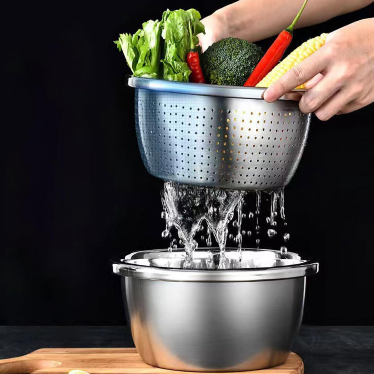 Juego de Colador Multifunción de Acero Inoxidable, 2 Piezas | Plata, para Frutas y Verduras en Cocina, Lavado de Arroz y Rallado Vegetal