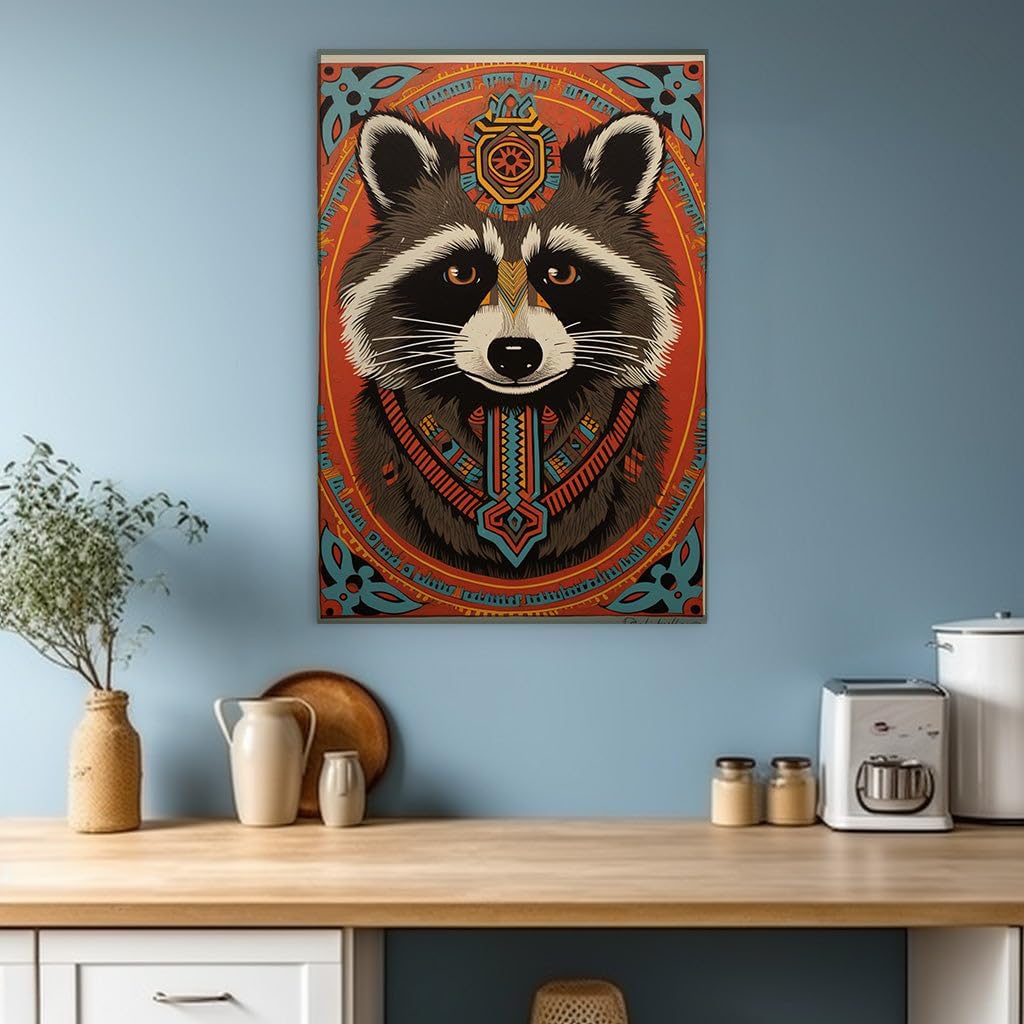 Canvas for Living room. Whimsical Gaze: A Raccoon Amidst a Kaleidoscope of Geometric Splendor, 27 x 18 inch Canvas Wall Art - Ready to Hang - 69x46 cm (27x18 inch)