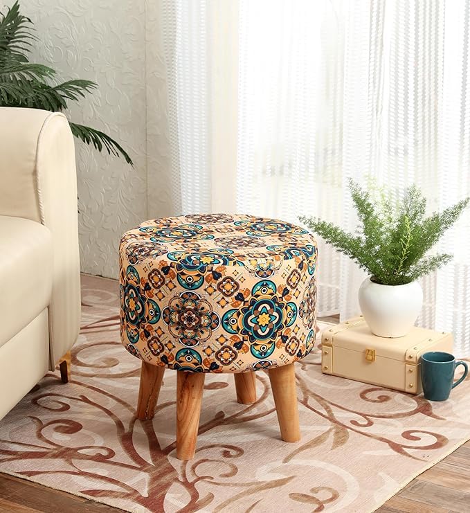 Image of NACIA Stylish Printed Ottoman Stool (16 X 17 Inch) | Soft Cushioned Top for Sitting & Footrest | Pouf Footstool with Puffy Foam & Wooden Legs | Modern Home Decor for Living Room Buta