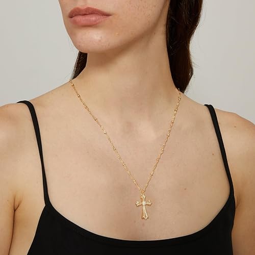 Miniatura 2 de MEVECCO Collar de cruz de oro chapado en oro de 18 quilates con dije de cruz de circonita cúbica, hecho a mano, simple, delicado, collar de cadena