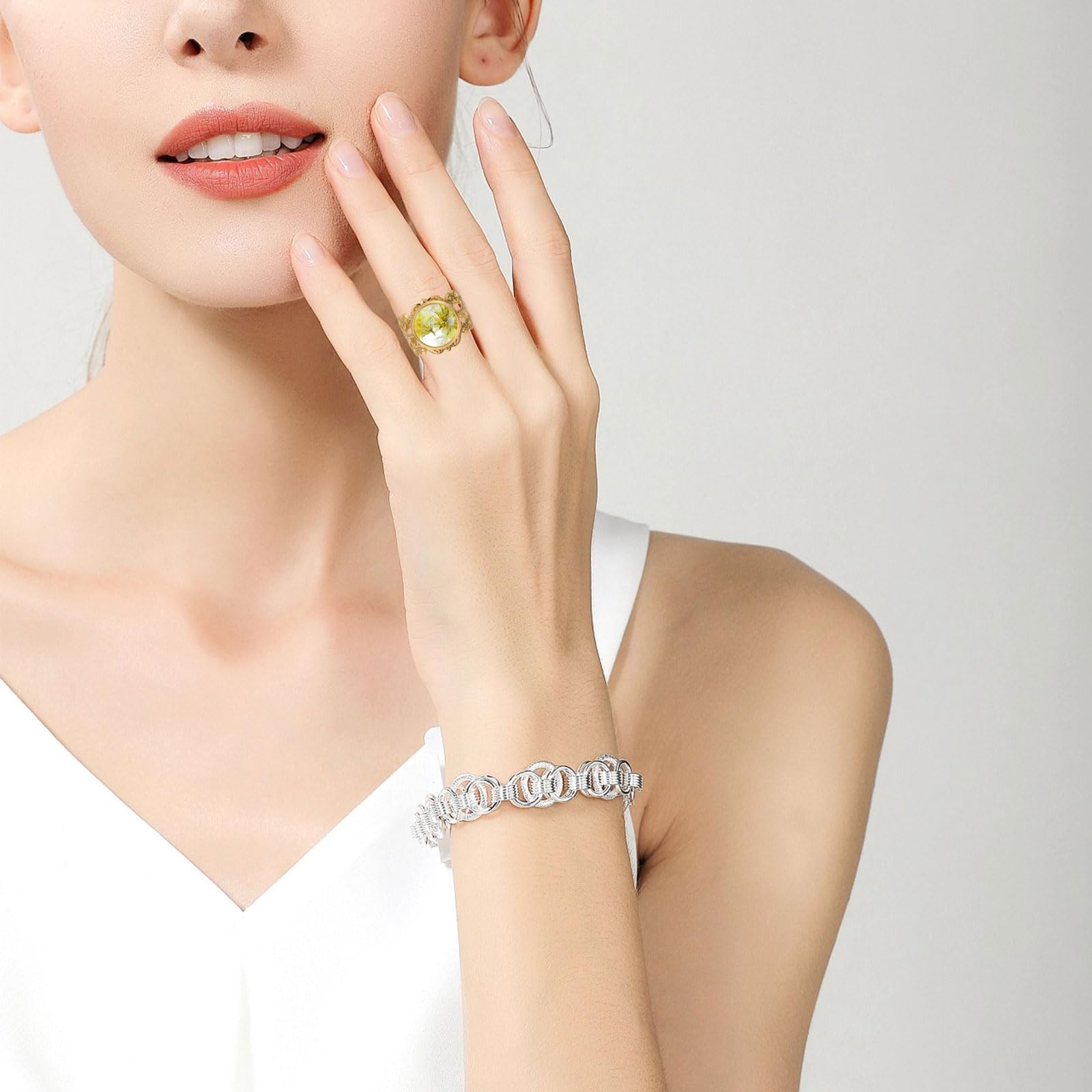 35 unidades de base de anillo de metal ajustable en 5 colores, kit de construcción de anillo de dedo, cabujón, base vacía, almohadilla plana con 35 cabujones de cristal para la fabricación
