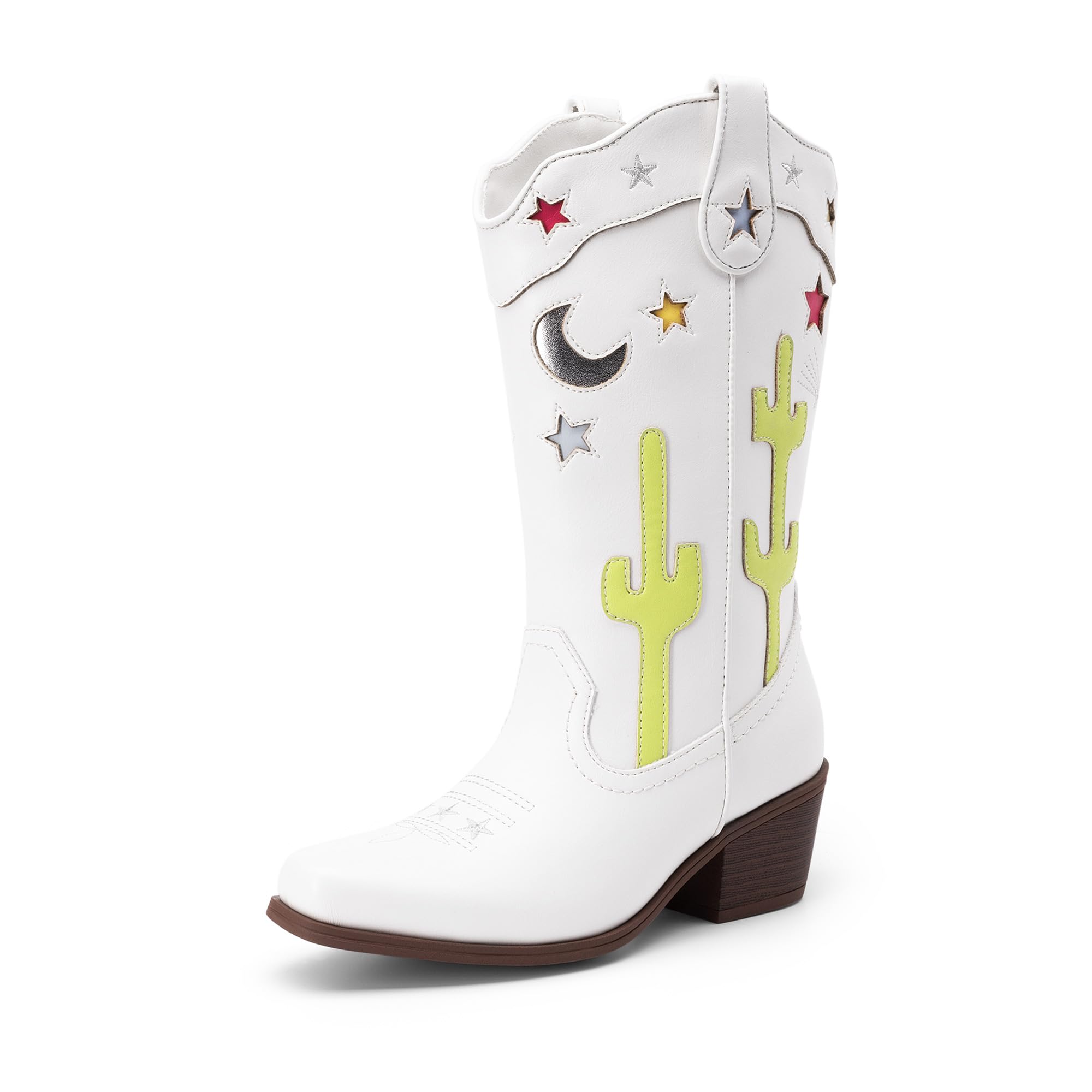 DREAM PAIRS Bottes de cowboy mi-mollet pour filles avec talon bas et bout carré pour petit enfant/grand enfant