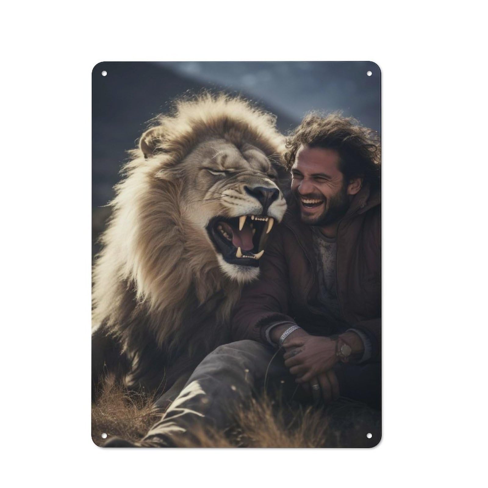 Junmoney Style-5 Tin Wall Plaque 40X30cm With Happy Lion For Garage Wall, For People Furnishing A Garage, For Retro Home Interiors