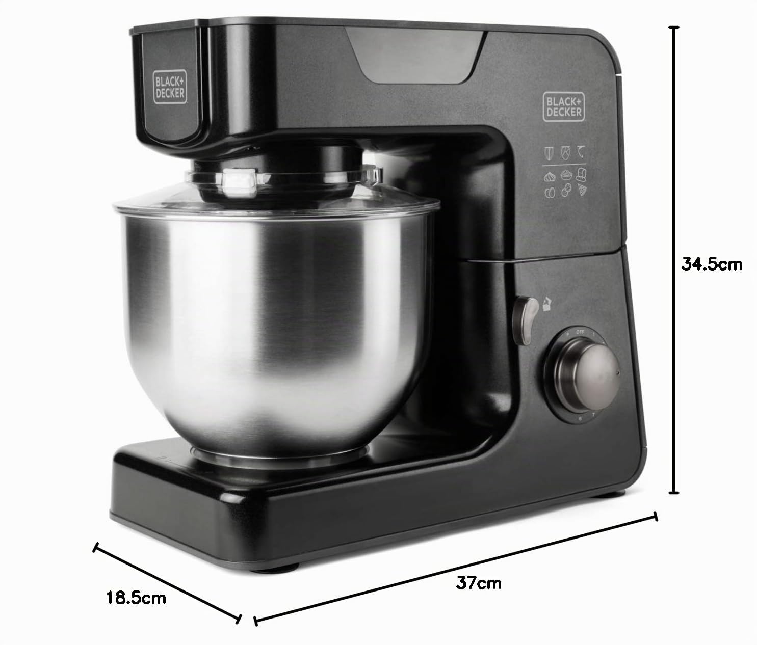 Black+Decker BXKM1000E Batidora amasadora 1000W con Bol 5.2L de acero inoxidable, 8 velocidades y función Turbo, Tapa protectora anti salpicaduras, Pies antideslizantes, Negro