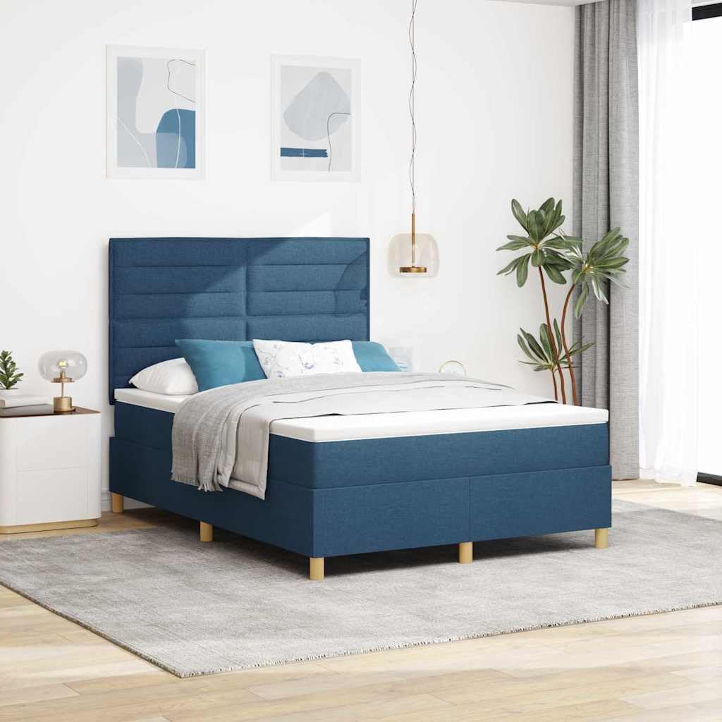 Cama con somier de 140 x 200 cm, tejido azul, con cabecero, colchón de muelles ensacados, madera maciza de pino, diseño moderno de dormitorio para parejas