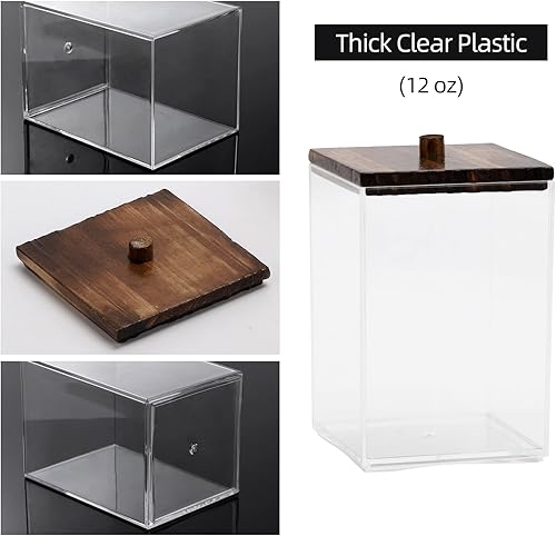 Miniatura 2 de Tbestmax Qtip Apothecary - Soporte para hisopo de algodón, 12 onzas, recipiente de baño transparente para almacenamiento, 4 tapas de madera negra