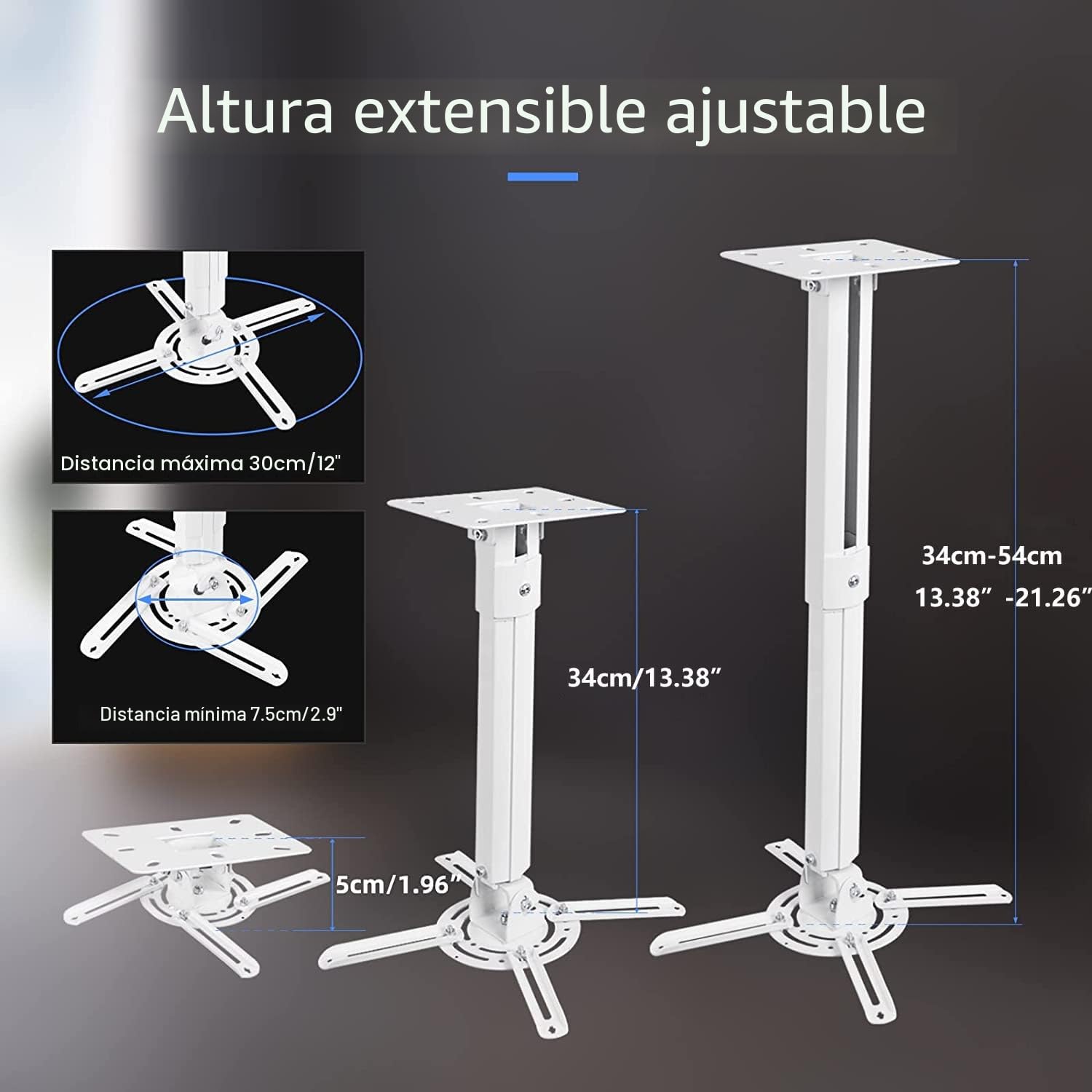 suptek Soporte Proyector Techo y Pared Universal: Soporte 3 en 1 con Brazo Extensible 21-54cm, Carga Máx. 13.6kg, Inclinación ±90° y Rotación 360°, Acero Robusto, Blanco, PR05W