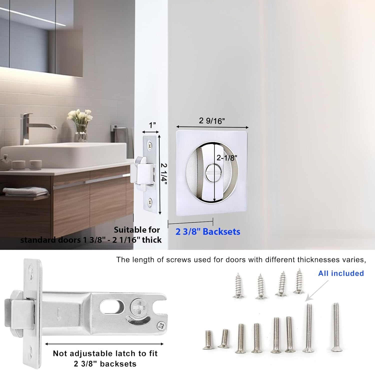 Dontay Pocket Door Privacy Lock, Flush Handles, 2-3/8" Backset, (Bed/Bath) Latch, Recessed Knob, Hardware for 1 3/8” to 2 3/16” Thickness Door (Excluding Edge Pull, Brushed Nickel, Square - 1 Pack)