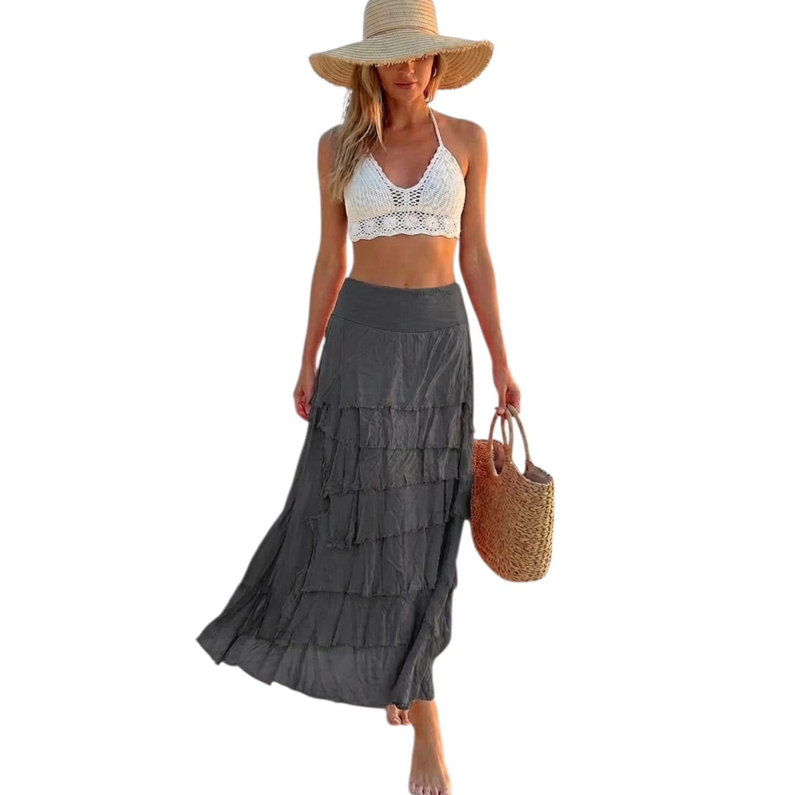 Alam Exclusive Women's Dress Lagenlook Silk Skirt Flap Over Italian Shredded Ladies Elegant Ruffle Frill Party Summer Layer Look Plain Pleated Layer Resort Wear (Charcoal)