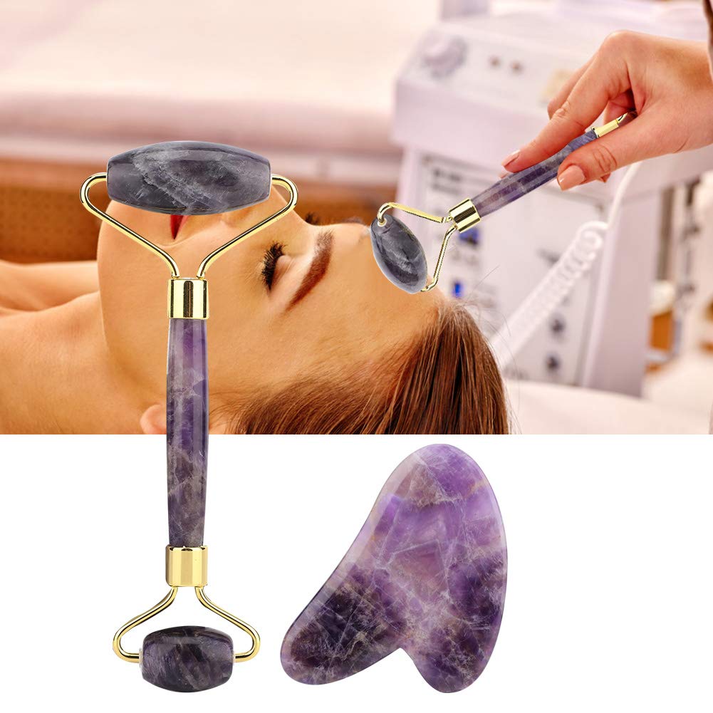 Rodillo De Piedra De Jade De Amatista Natural, Rodillo Para El Rostro Herramienta Guasha Para El Rostro Rodillo Facial Antienvejecimiento De Doble Cabeza Para El Cuidado De La Piel, Ojos, Cuello