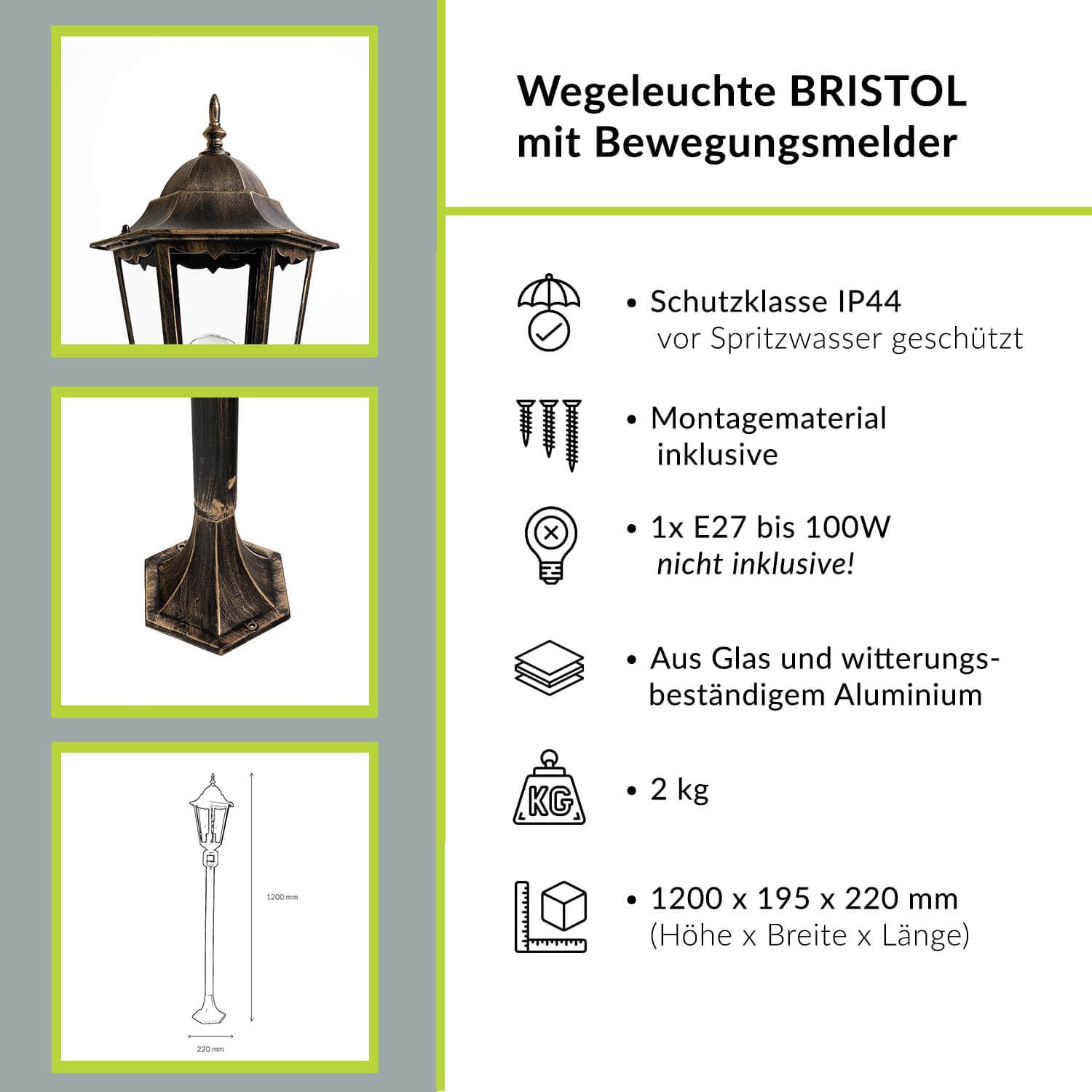 Licht-Erlebnisse Wegeleuchte mit Bewegungsmelder Aluminium Glas in Schwarz-Kupfer IP44 Garten 112,5 cm E27 Rustikal Laterne Mastleuchte Außen BRISTOL