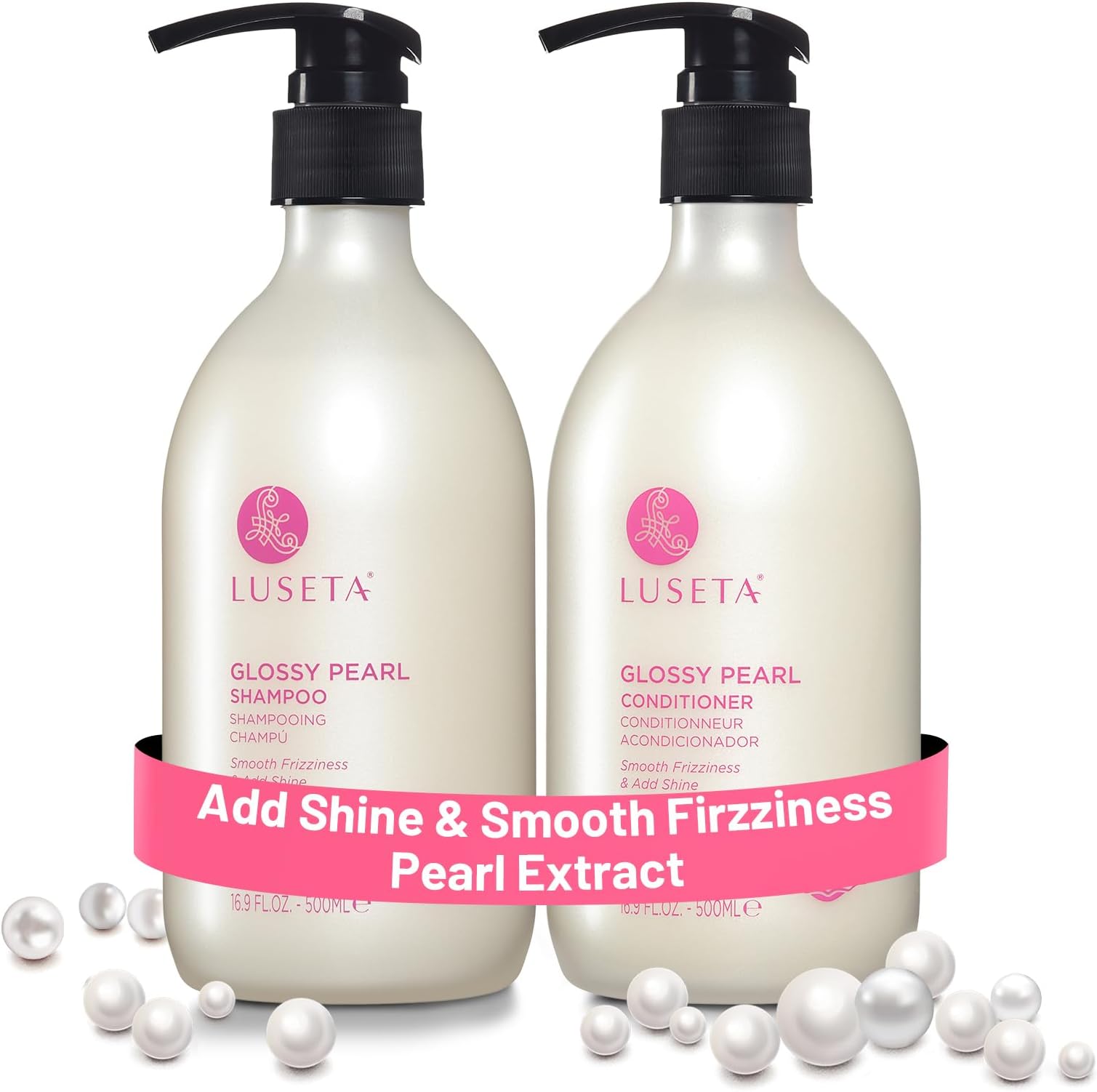 Luseta Glossy Pearl Shampoo and Conditioner Set Smooth & Moisturize, Fight Frizziness and Add Shine,Hydrating for Damaged Hair, Detangle,Nourish Strands,Paraben Free, Sulfate Free,16.9oz