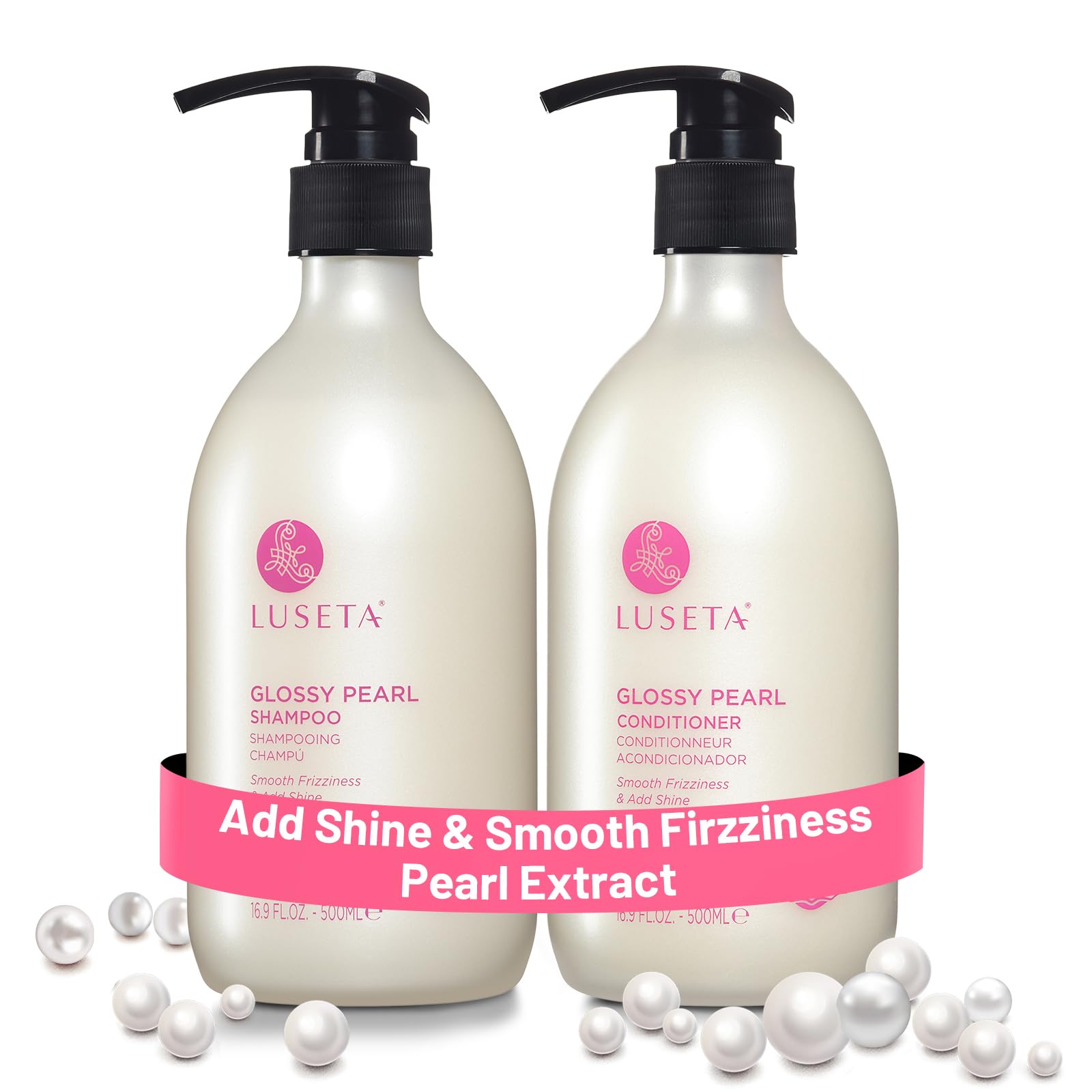 Luseta Glossy Pearl Shampoo and Conditioner Set Smooth & Moisturize, Fight Frizziness and Add Shine,Hydrating for Damaged Hair, Detangle,Nourish Strands,Paraben Free, Sulfate Free,16.9oz